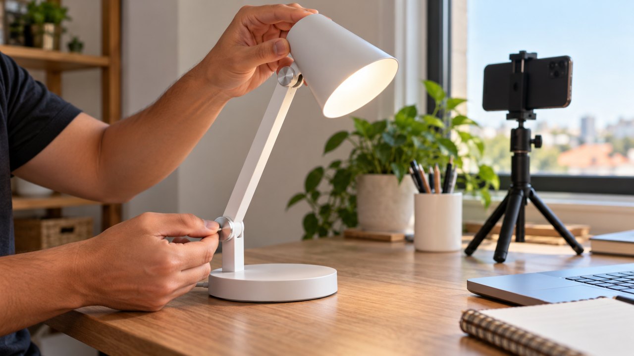 Demonstração do funcionamento de uma luminária para avaliação de produto.
